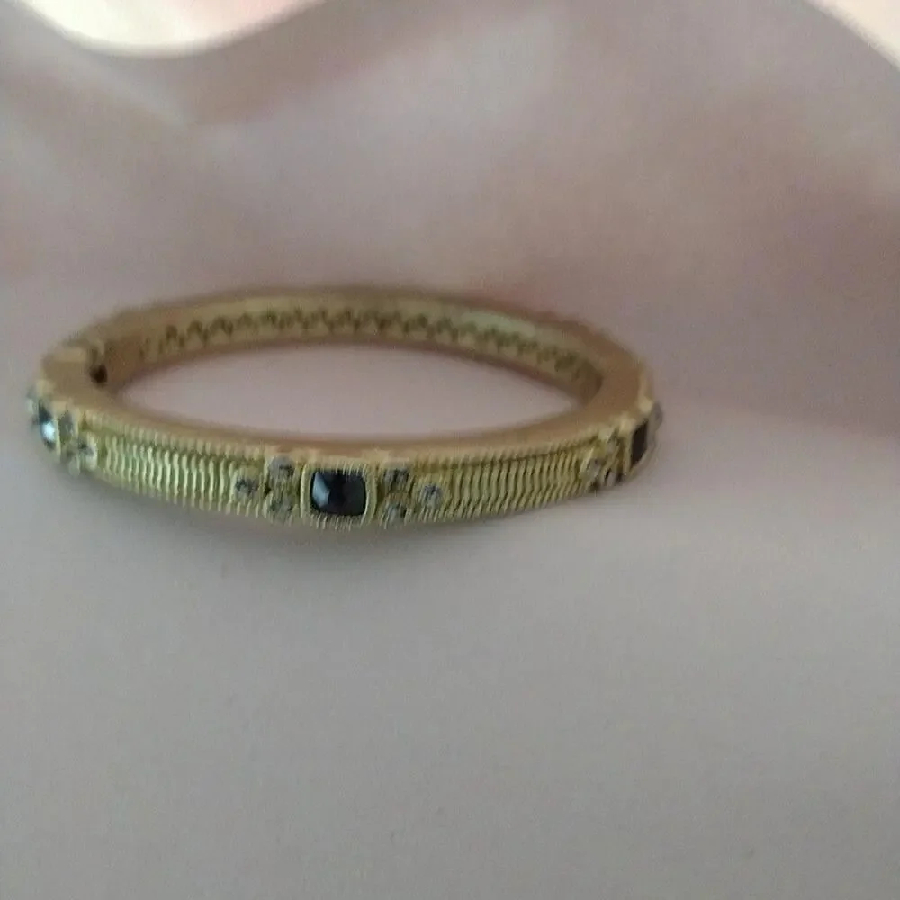 Gold Tone Black Stone Rhinestone Bangle Bracelet 8.6 In Womens Hinged Jewelry